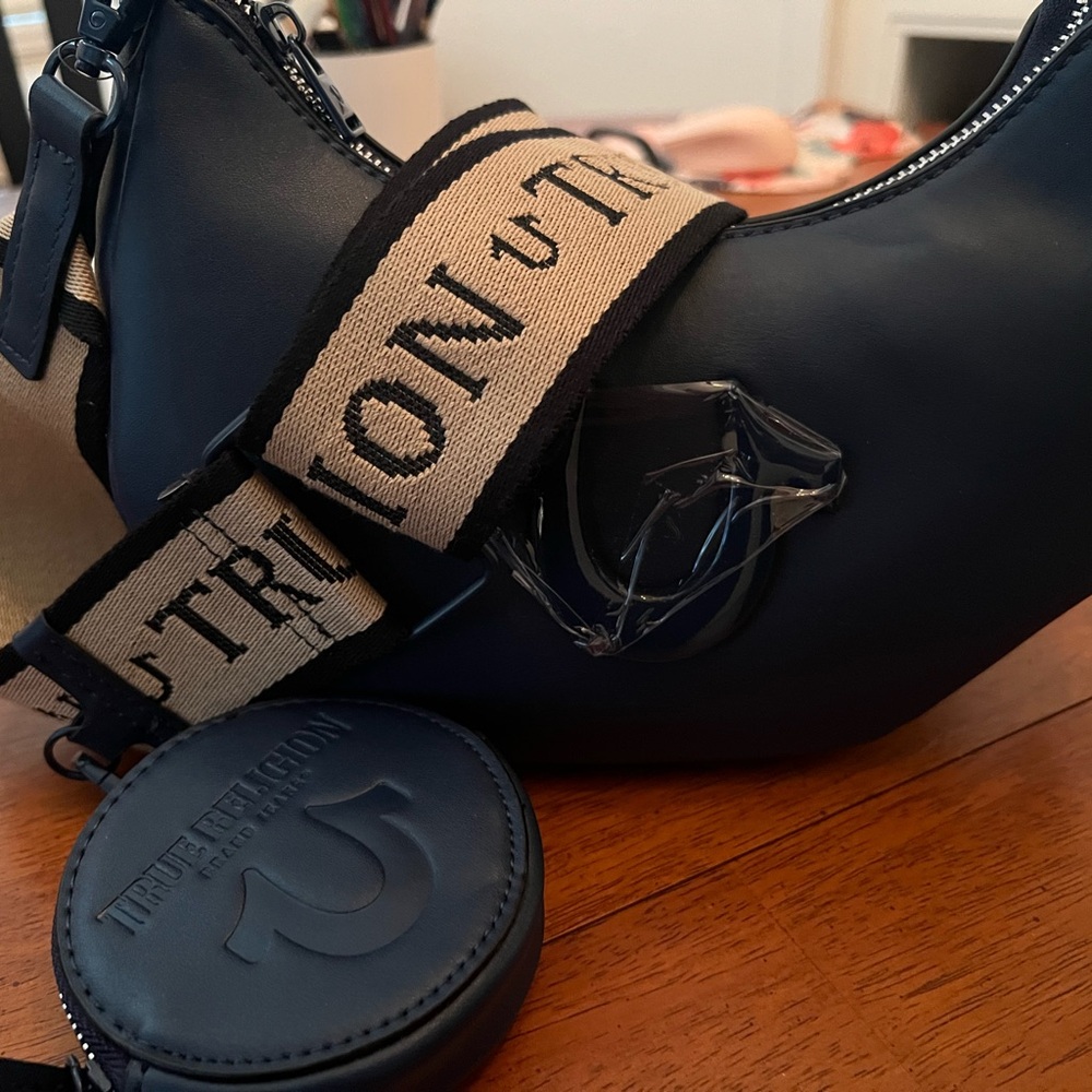 True Religion Blue Round Pouch with Logo Strap